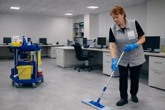 Клинер Real Services осуществляет вечернюю уборку в кабинете