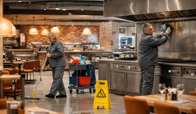 Клинеры Real Services убираются на объекте общественного питания